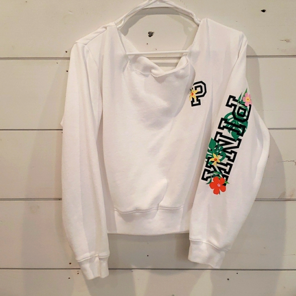 VICTORIA'S SECRET PINK TROPICALOFF THE SHOULDER FLEECE CROPPED SWEATSHIRT